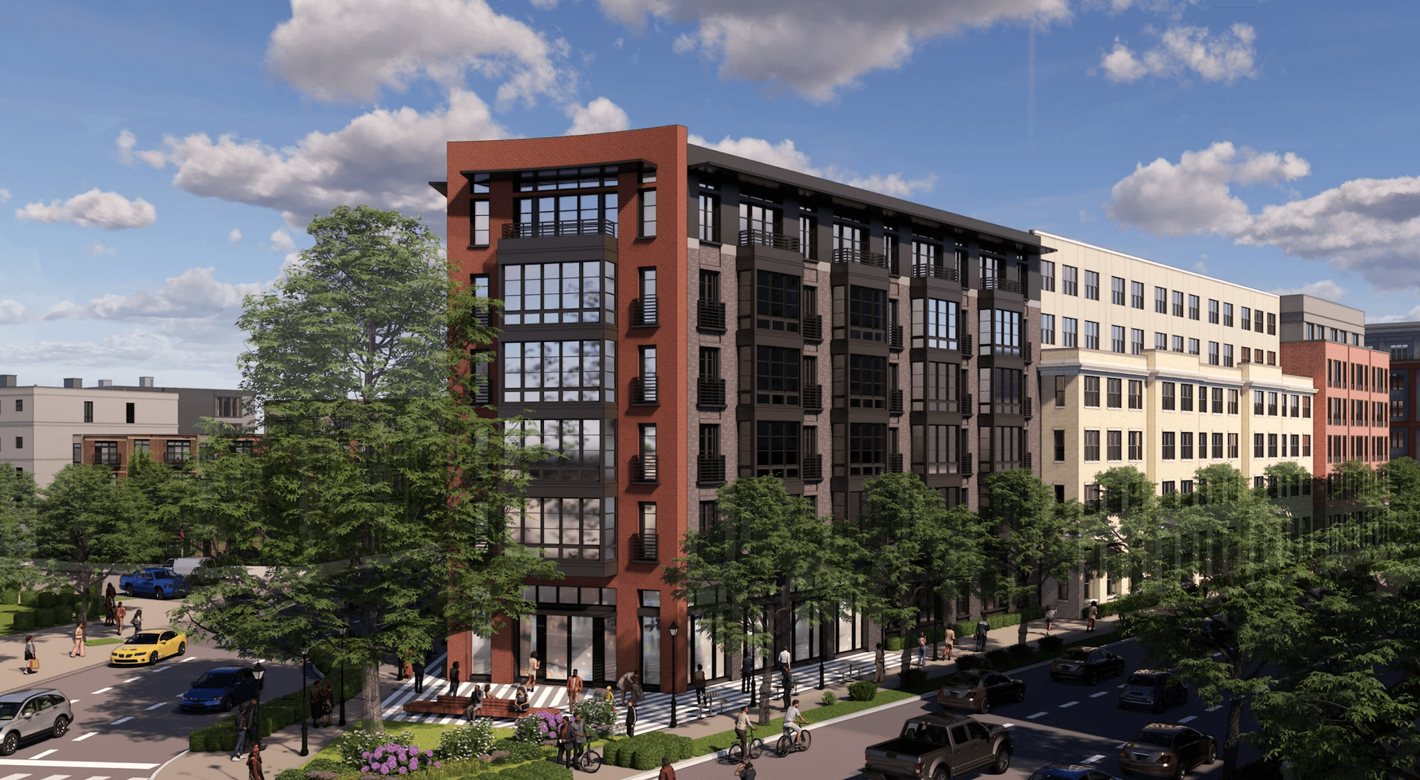 render of Samuel Madden Redevelopment with pedestrians and traffic